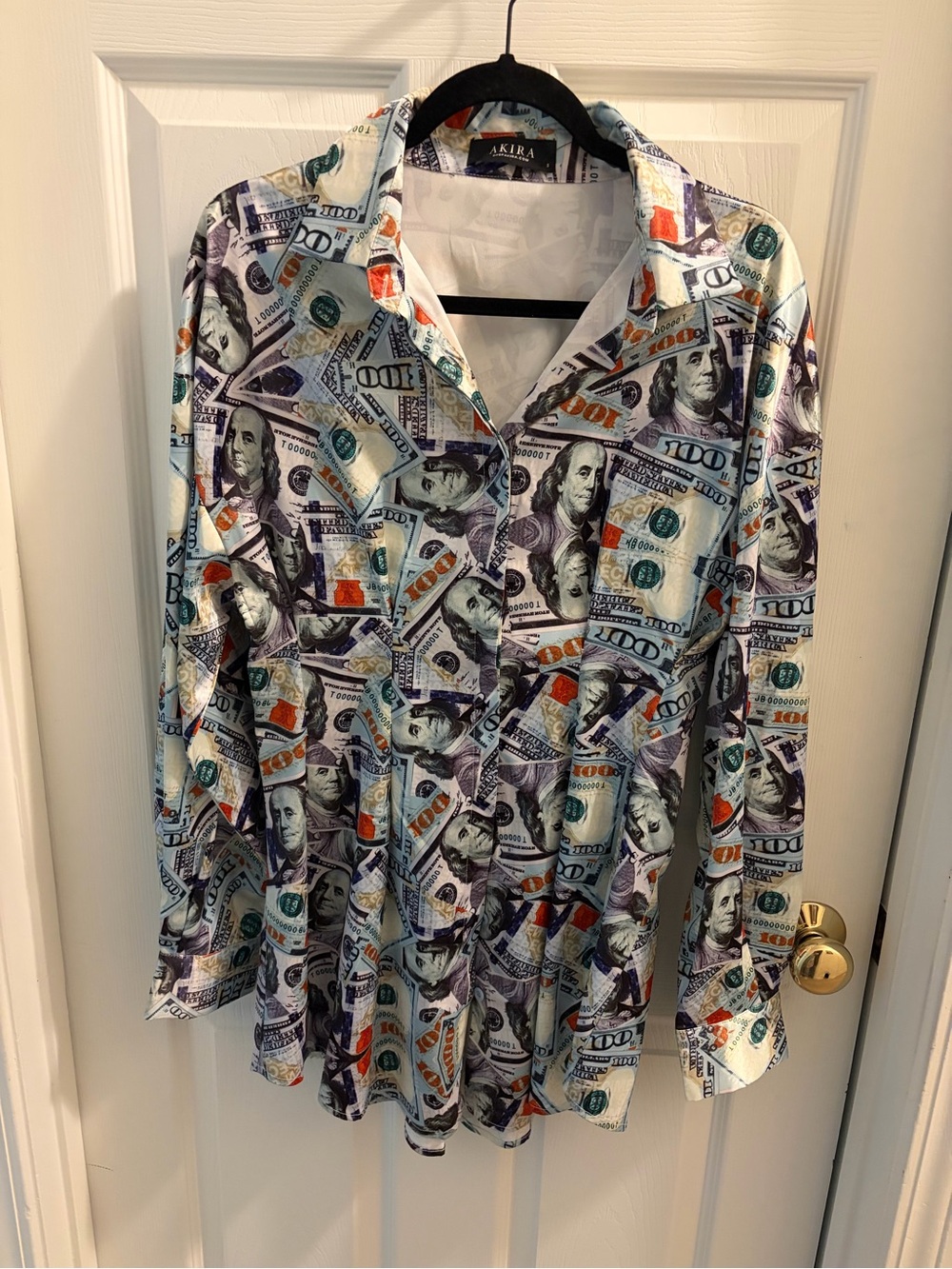 AKIRA White Money-Print Button-Up Blouse with Teal & Orange Accents